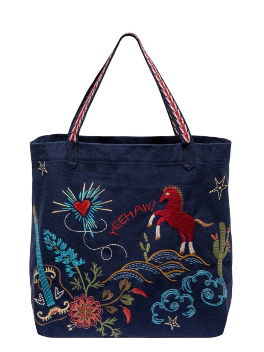 Johnny Was Texas Navy Embroidered Canvas Tote with Multicolor Floral Motif - Picture 4 of 10